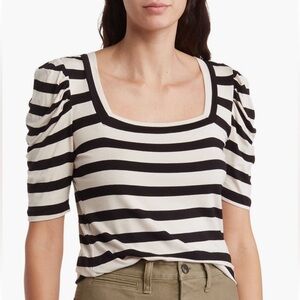 🍓 Tahari Striped Flattering Square Neck Puff Shoulder Black & White Top XL 12 14